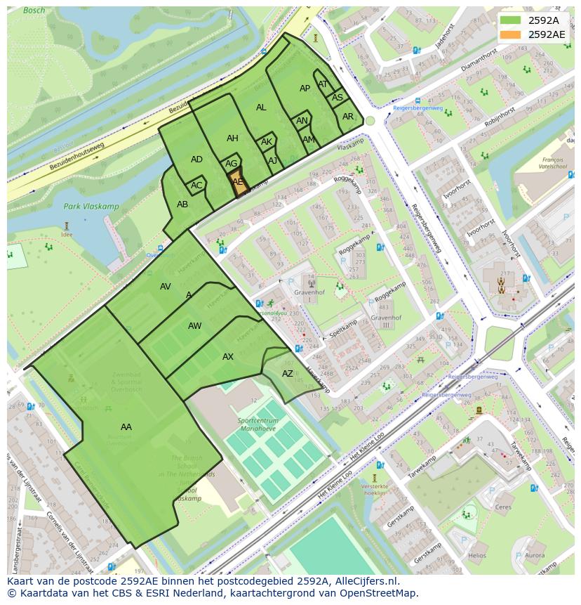 Afbeelding van het postcodegebied 2592 AE op de kaart.