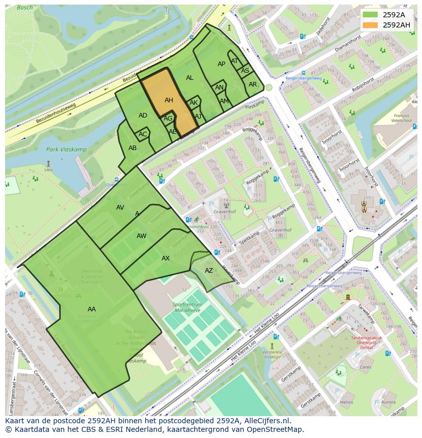 Afbeelding van het postcodegebied 2592 AH op de kaart.