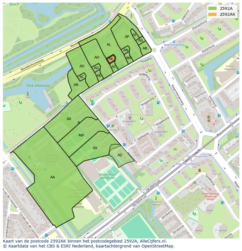 Afbeelding van het postcodegebied 2592 AK op de kaart.