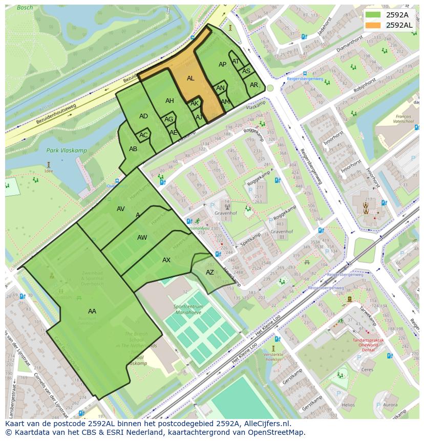 Afbeelding van het postcodegebied 2592 AL op de kaart.