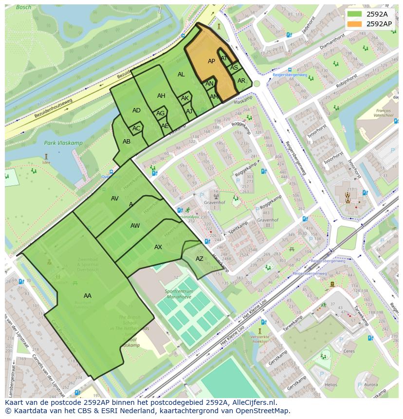 Afbeelding van het postcodegebied 2592 AP op de kaart.
