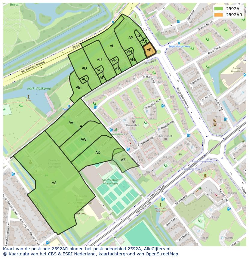 Afbeelding van het postcodegebied 2592 AR op de kaart.