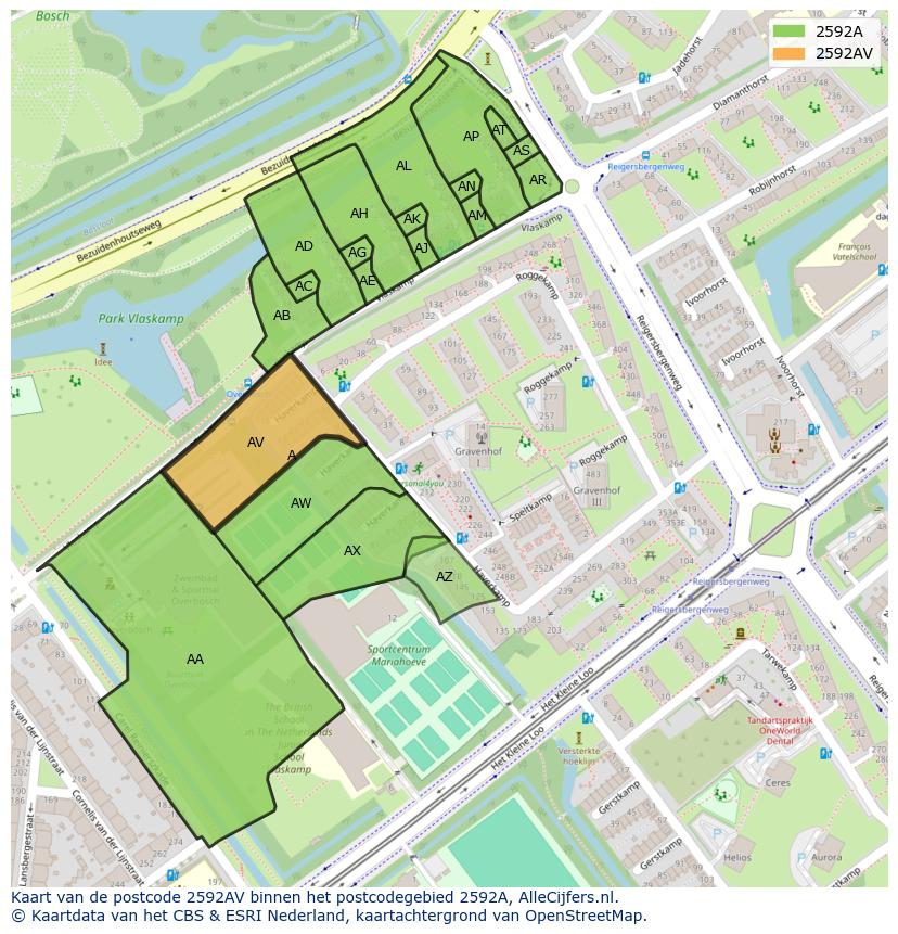 Afbeelding van het postcodegebied 2592 AV op de kaart.
