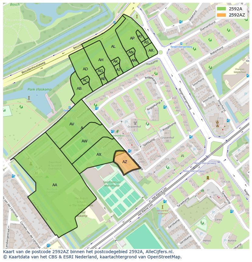 Afbeelding van het postcodegebied 2592 AZ op de kaart.