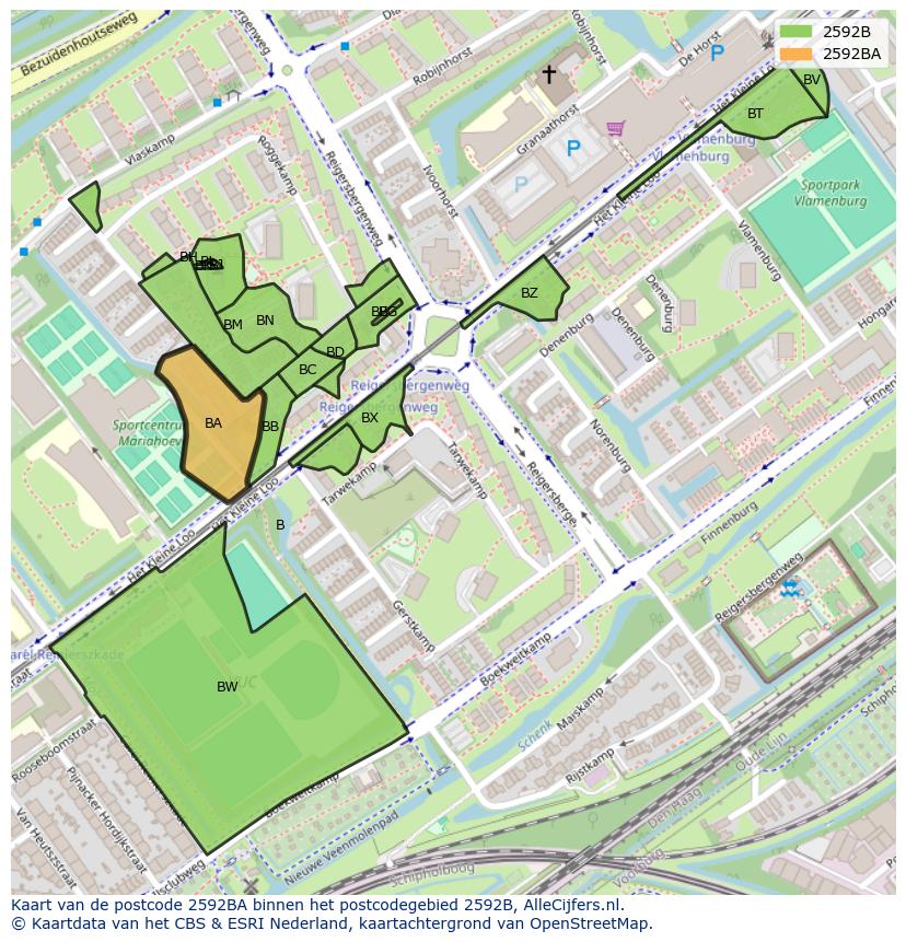 Afbeelding van het postcodegebied 2592 BA op de kaart.