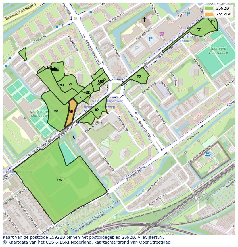 Afbeelding van het postcodegebied 2592 BB op de kaart.