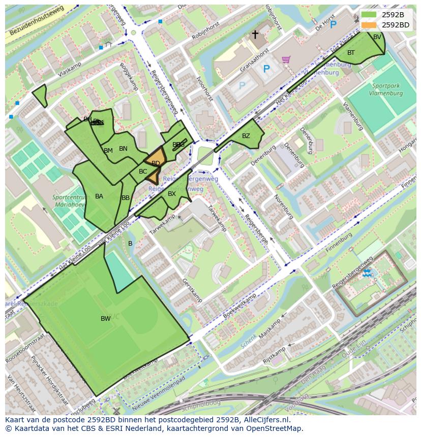 Afbeelding van het postcodegebied 2592 BD op de kaart.