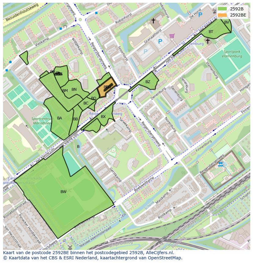 Afbeelding van het postcodegebied 2592 BE op de kaart.