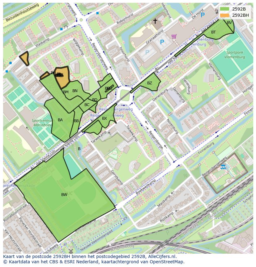 Afbeelding van het postcodegebied 2592 BH op de kaart.