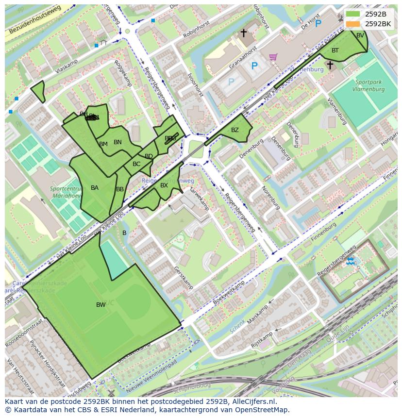 Afbeelding van het postcodegebied 2592 BK op de kaart.