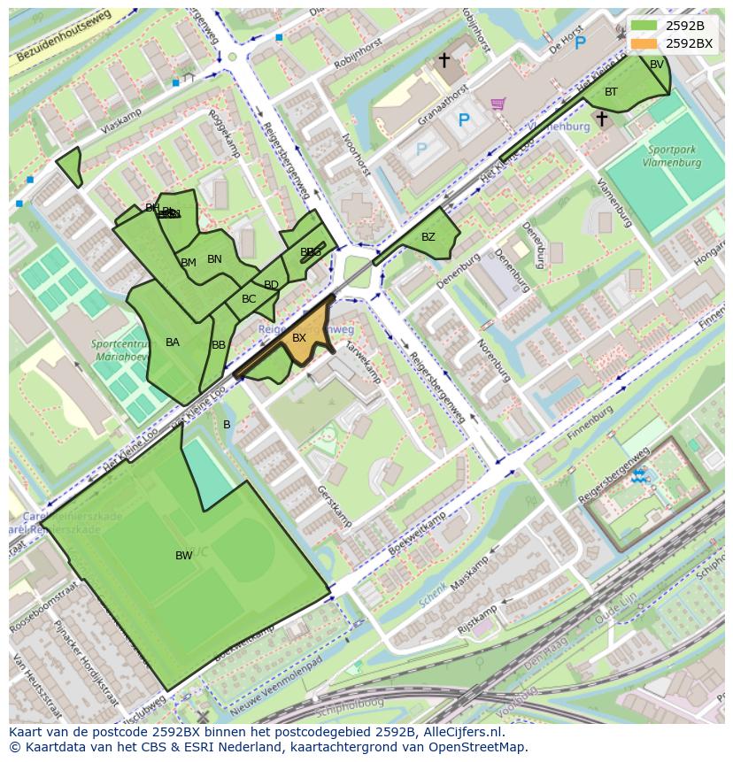 Afbeelding van het postcodegebied 2592 BX op de kaart.