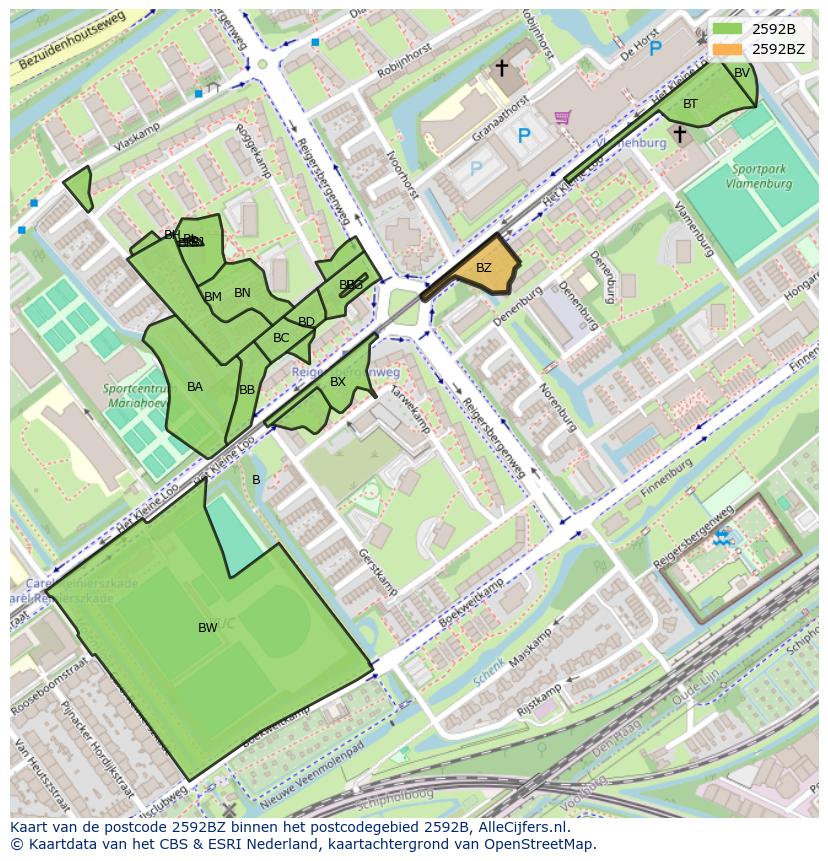 Afbeelding van het postcodegebied 2592 BZ op de kaart.