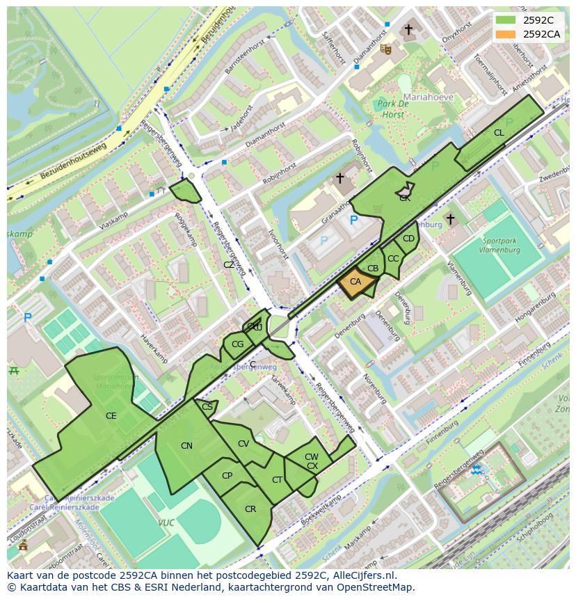 Afbeelding van het postcodegebied 2592 CA op de kaart.