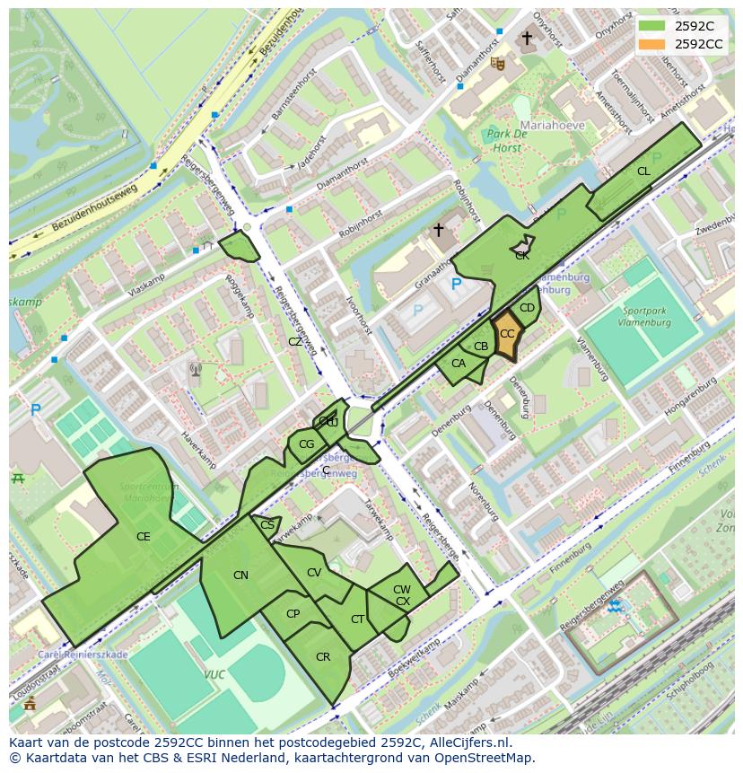 Afbeelding van het postcodegebied 2592 CC op de kaart.