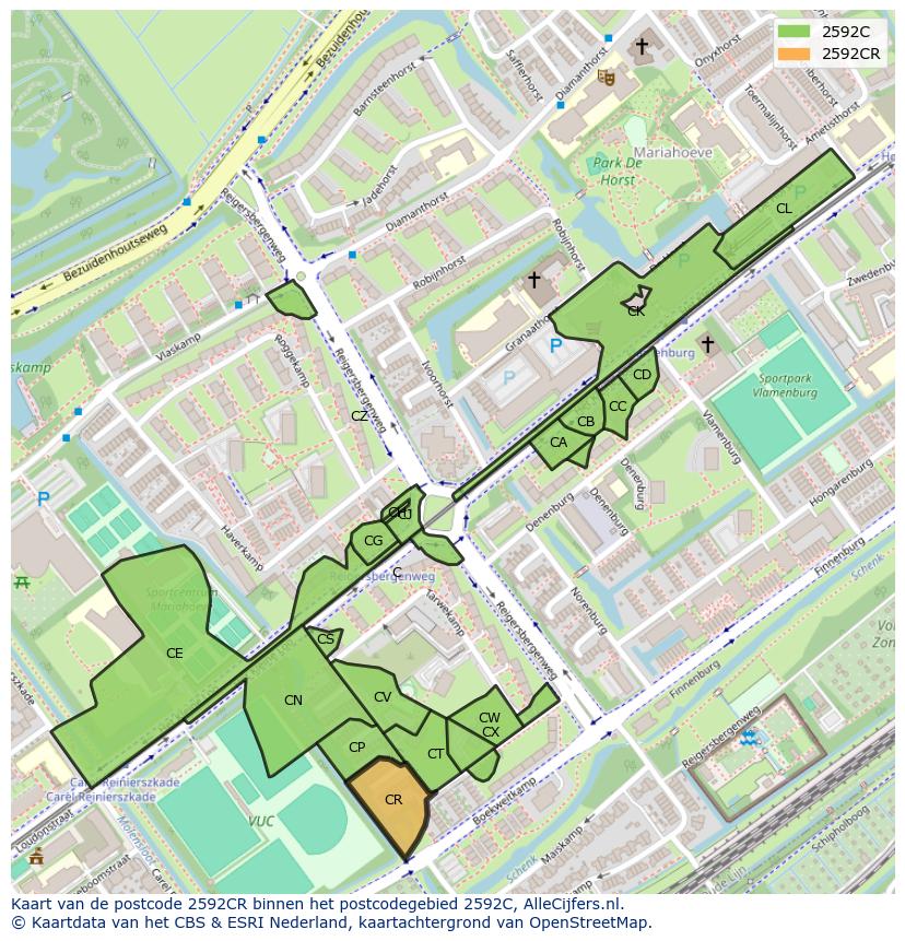 Afbeelding van het postcodegebied 2592 CR op de kaart.