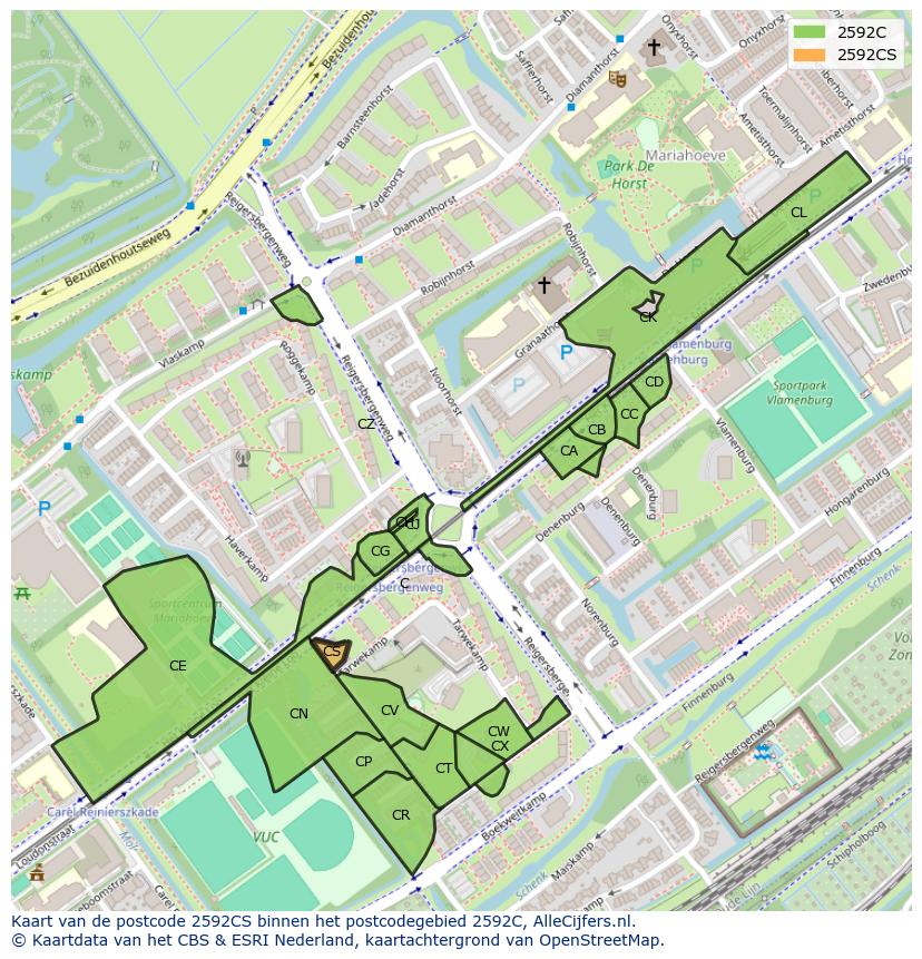Afbeelding van het postcodegebied 2592 CS op de kaart.