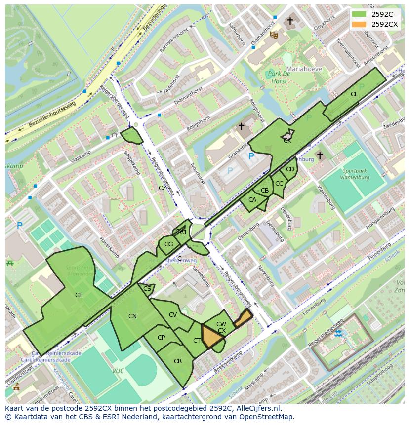 Afbeelding van het postcodegebied 2592 CX op de kaart.