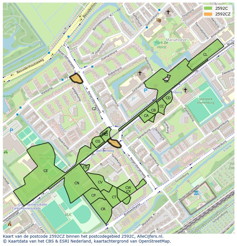 Afbeelding van het postcodegebied 2592 CZ op de kaart.