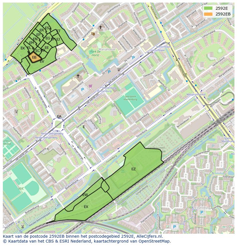 Afbeelding van het postcodegebied 2592 EB op de kaart.