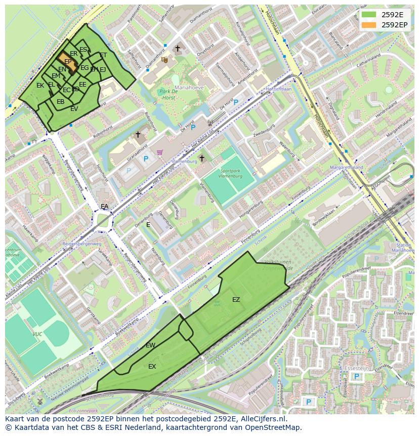 Afbeelding van het postcodegebied 2592 EP op de kaart.