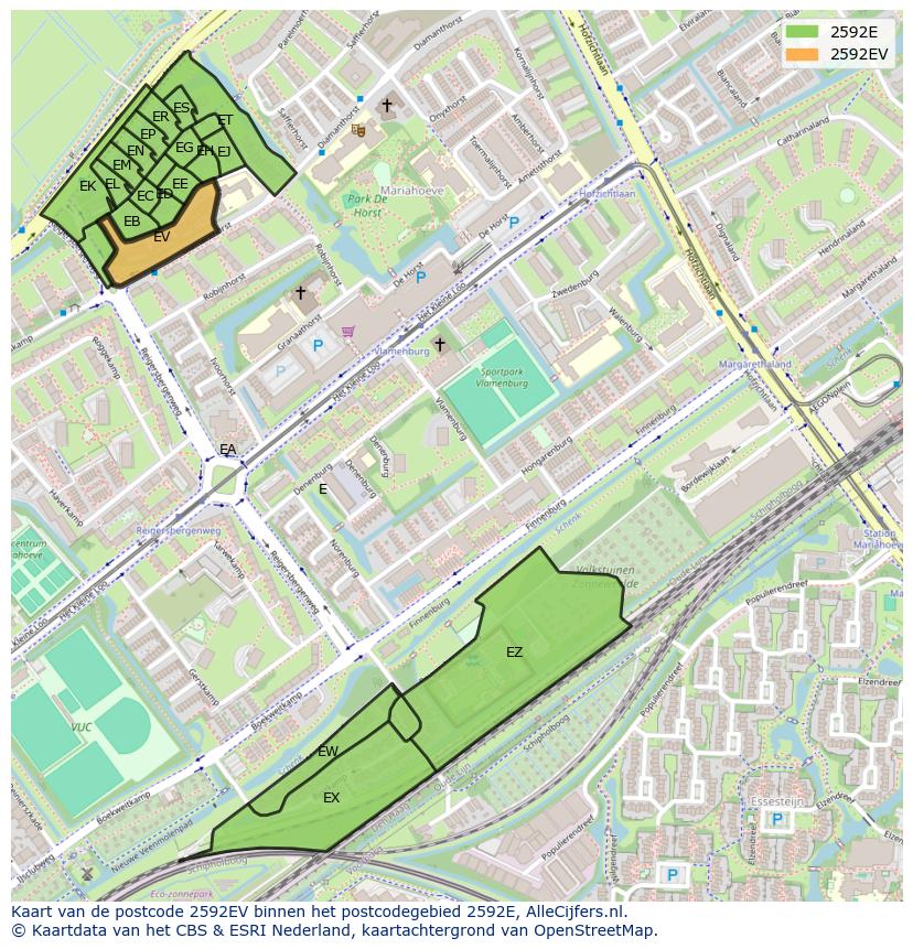 Afbeelding van het postcodegebied 2592 EV op de kaart.