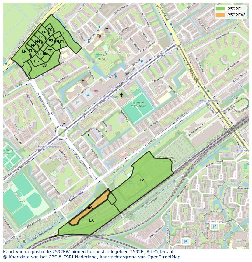 Afbeelding van het postcodegebied 2592 EW op de kaart.