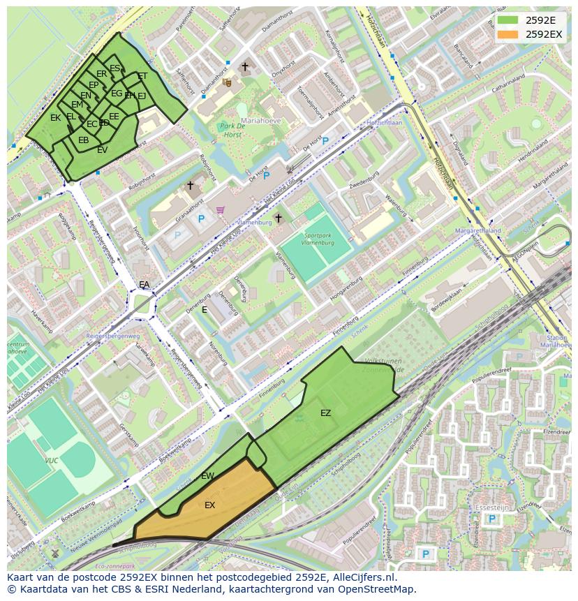 Afbeelding van het postcodegebied 2592 EX op de kaart.