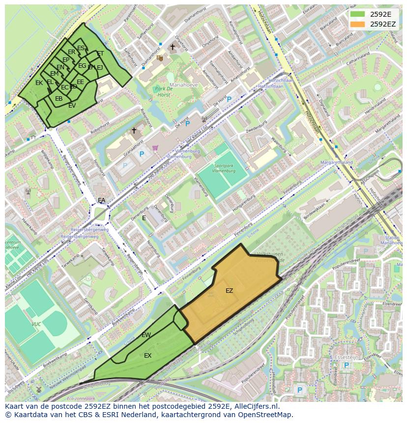 Afbeelding van het postcodegebied 2592 EZ op de kaart.