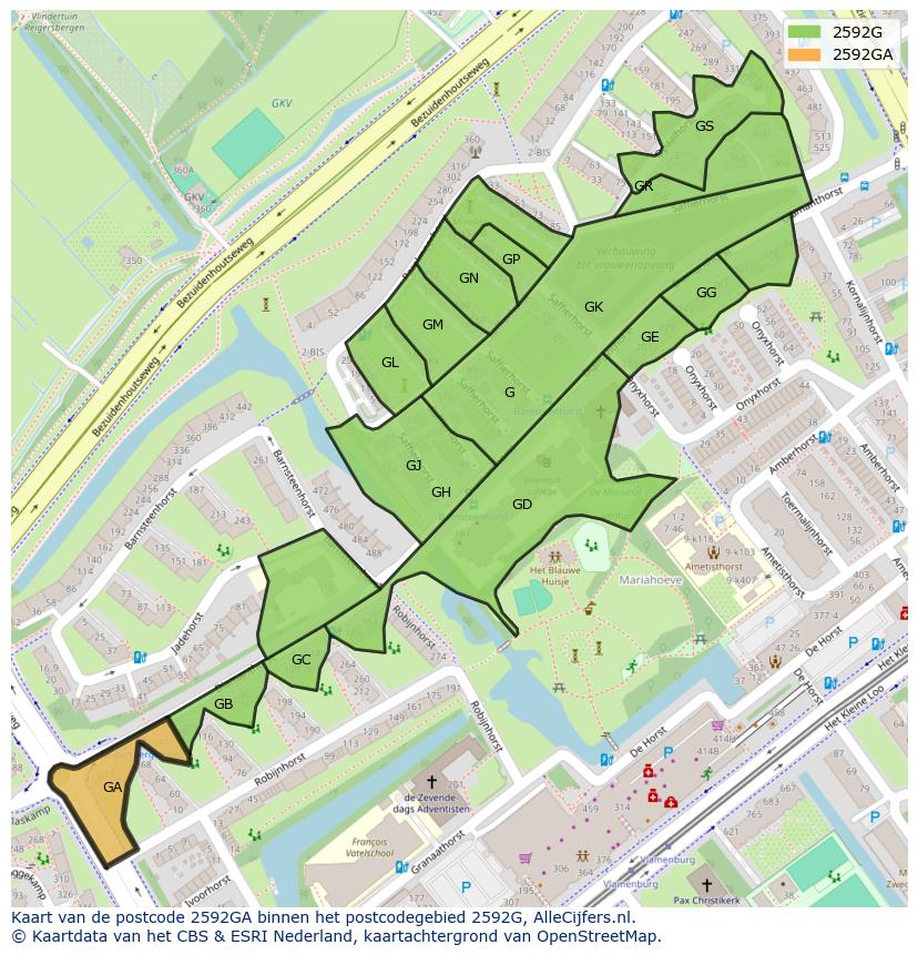 Afbeelding van het postcodegebied 2592 GA op de kaart.