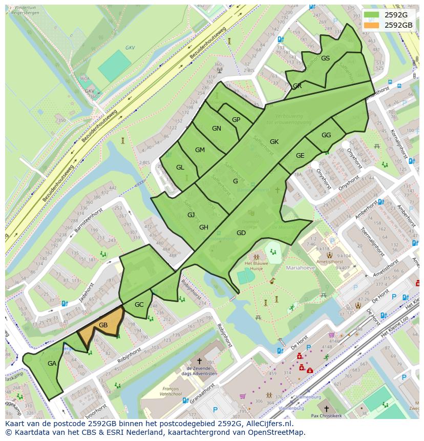 Afbeelding van het postcodegebied 2592 GB op de kaart.