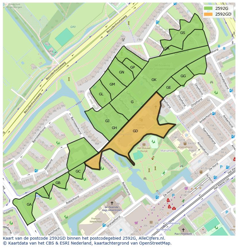 Afbeelding van het postcodegebied 2592 GD op de kaart.