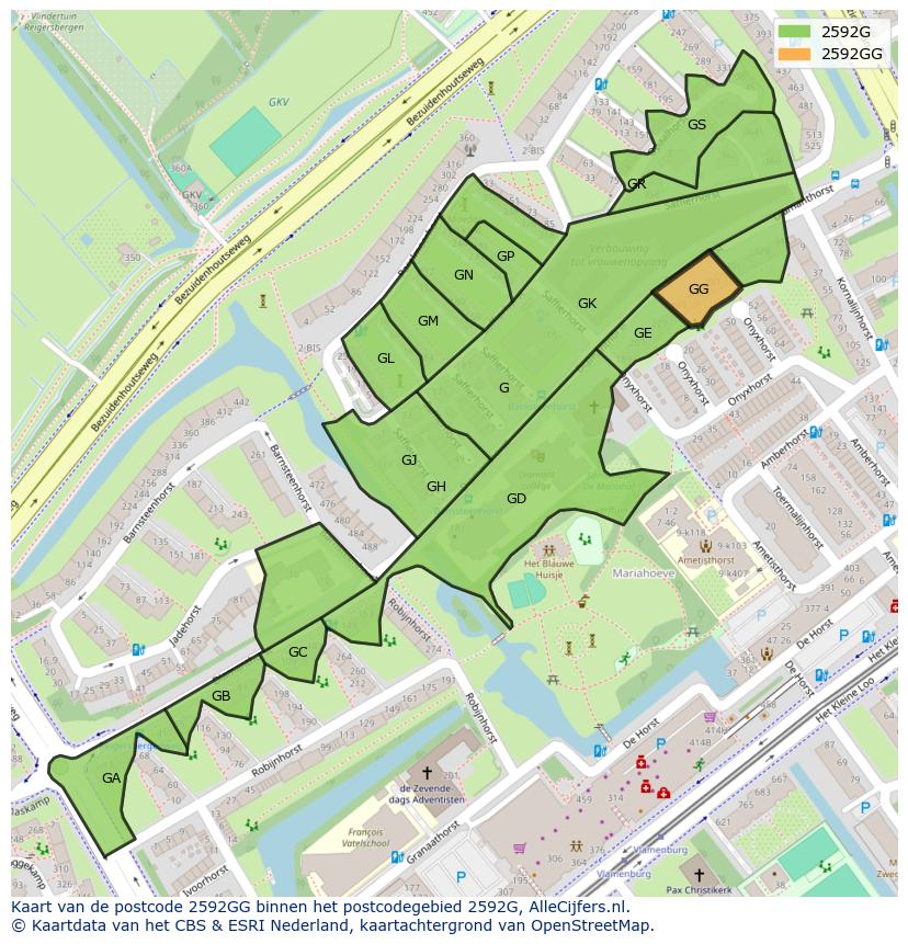 Afbeelding van het postcodegebied 2592 GG op de kaart.