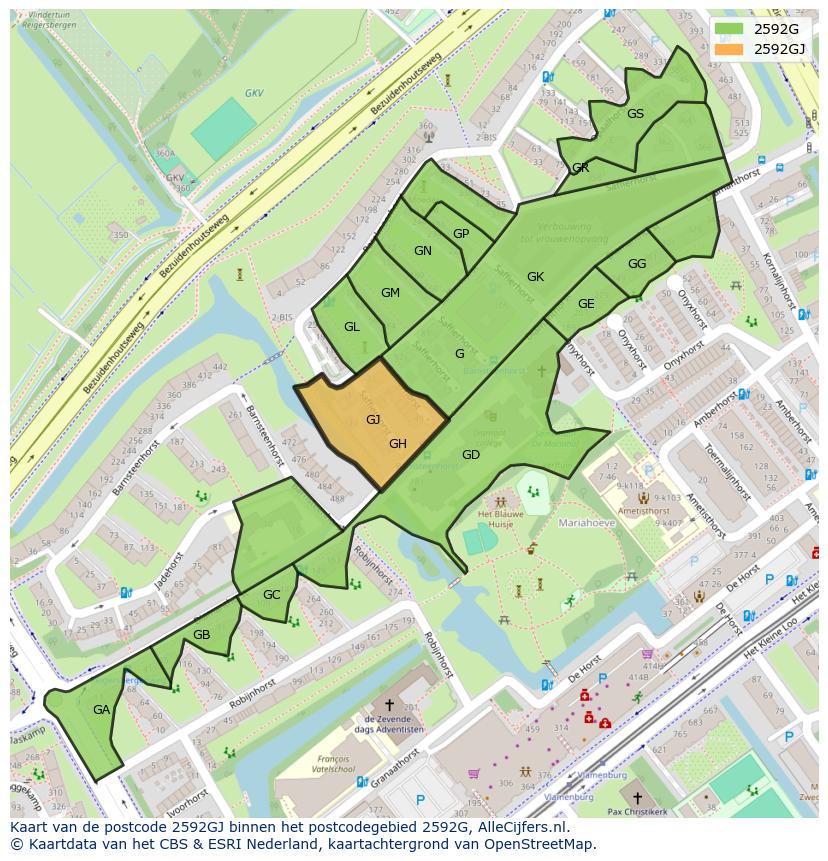 Afbeelding van het postcodegebied 2592 GJ op de kaart.