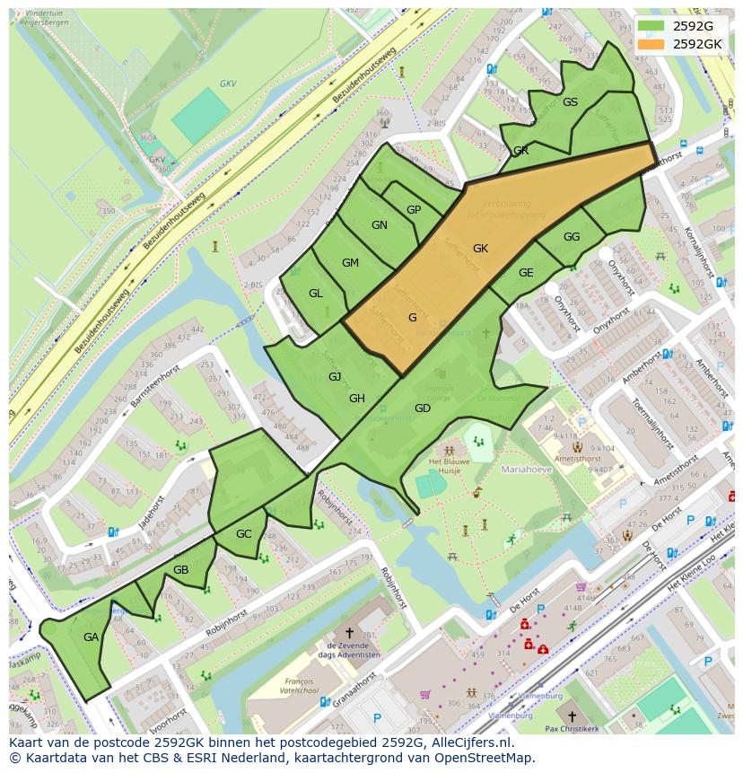 Afbeelding van het postcodegebied 2592 GK op de kaart.