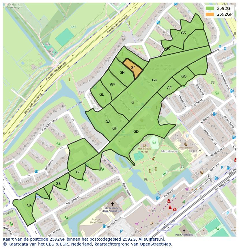 Afbeelding van het postcodegebied 2592 GP op de kaart.