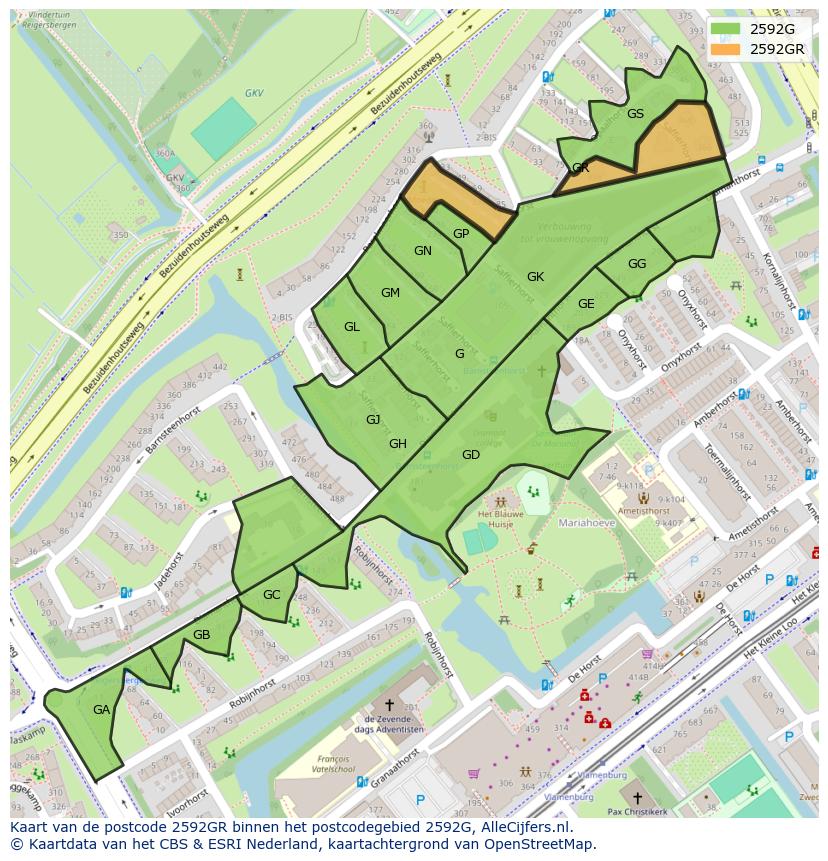 Afbeelding van het postcodegebied 2592 GR op de kaart.