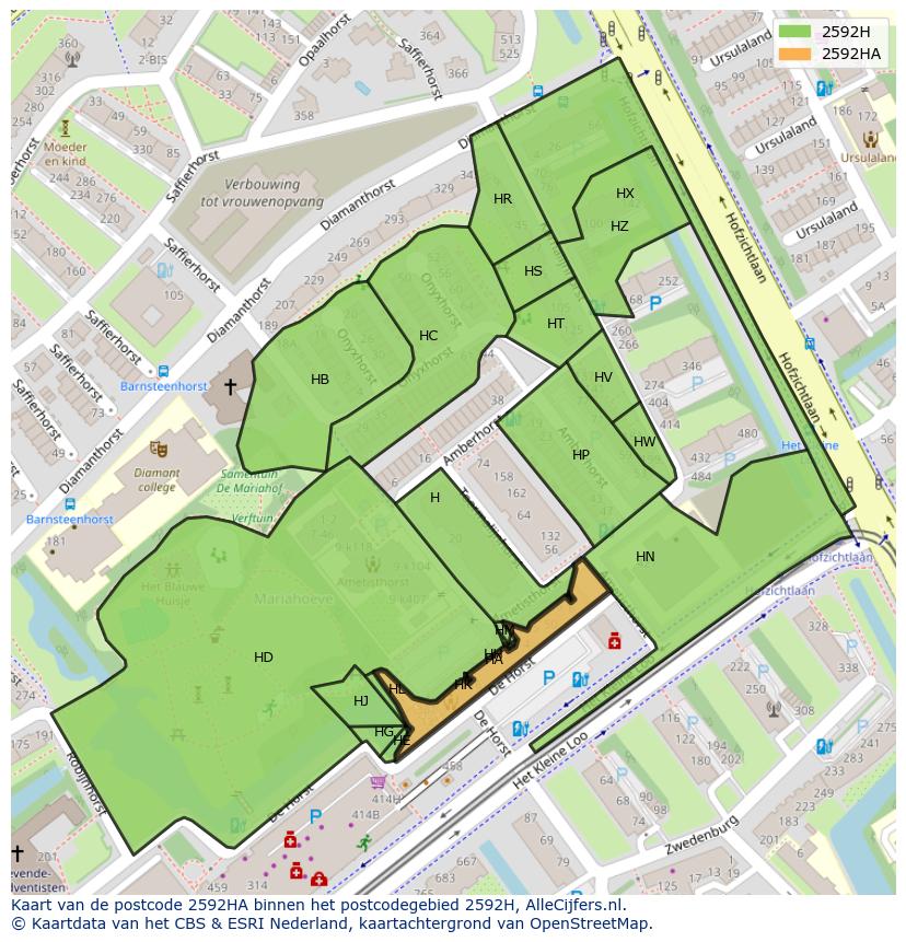 Afbeelding van het postcodegebied 2592 HA op de kaart.