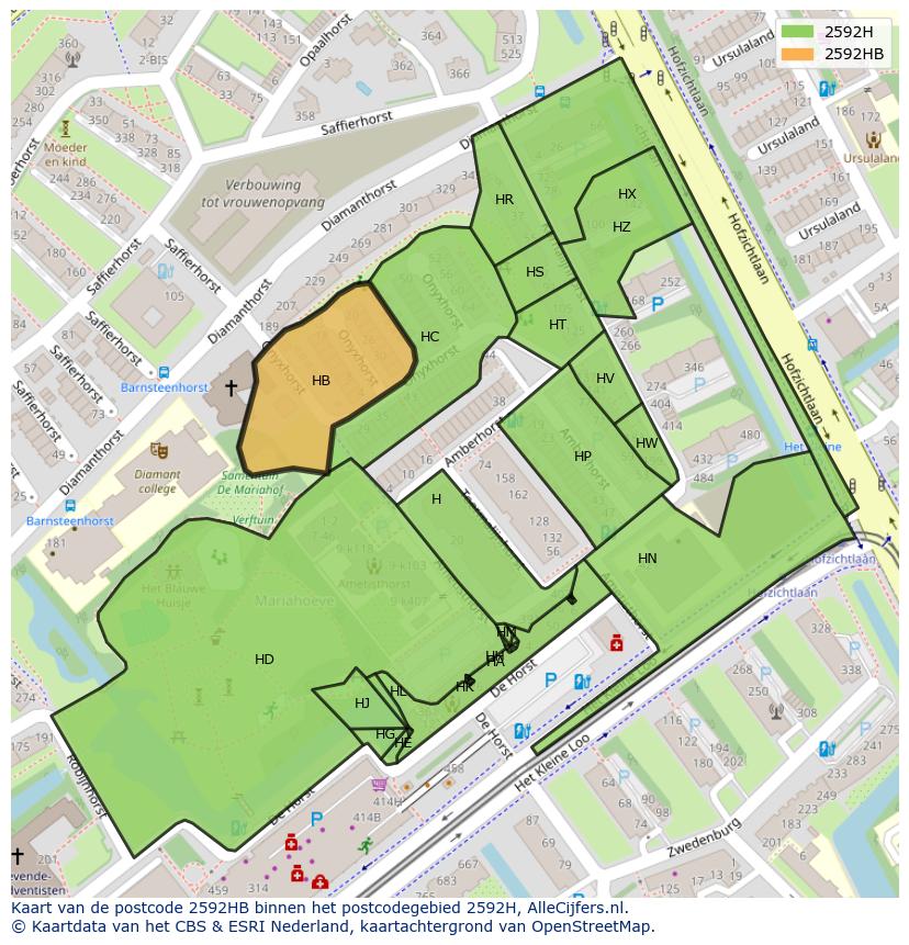 Afbeelding van het postcodegebied 2592 HB op de kaart.