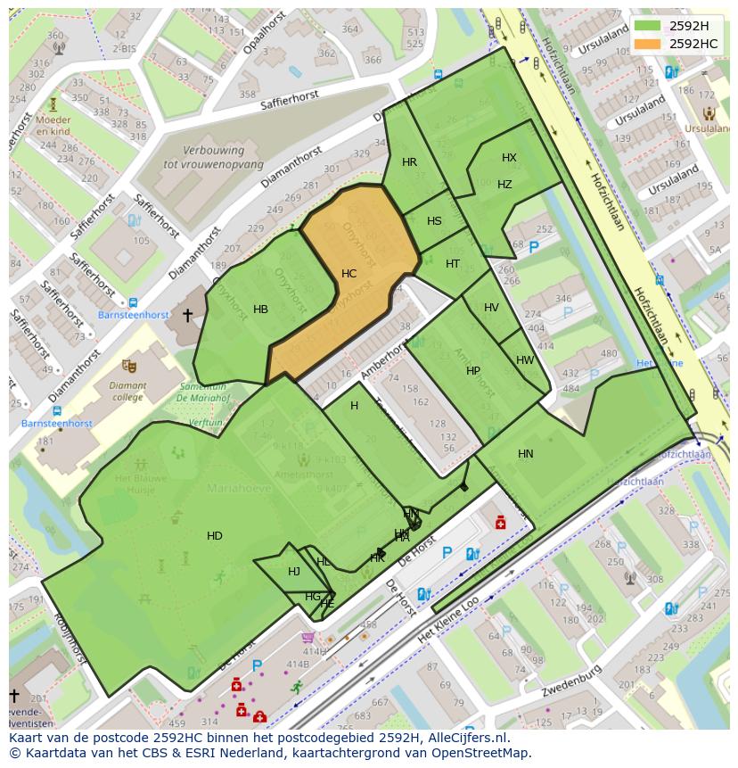 Afbeelding van het postcodegebied 2592 HC op de kaart.