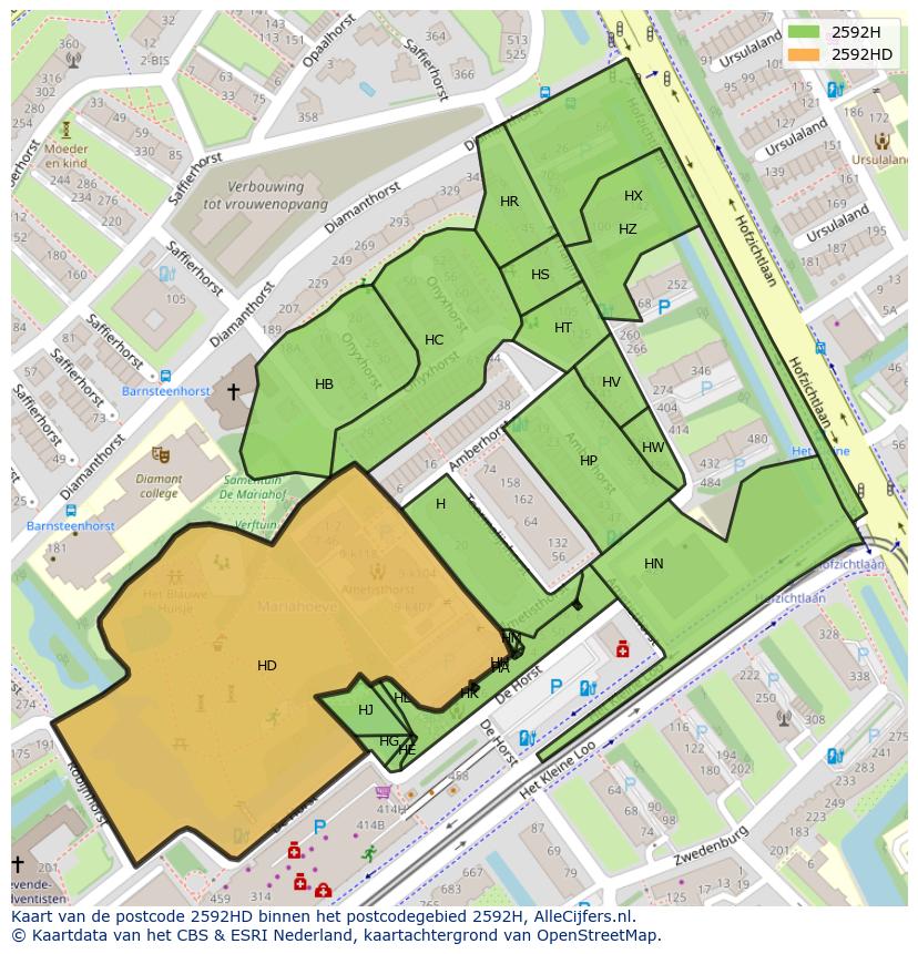 Afbeelding van het postcodegebied 2592 HD op de kaart.