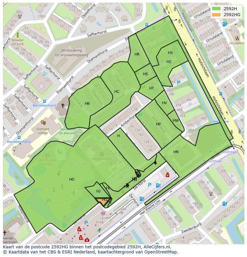 Afbeelding van het postcodegebied 2592 HG op de kaart.