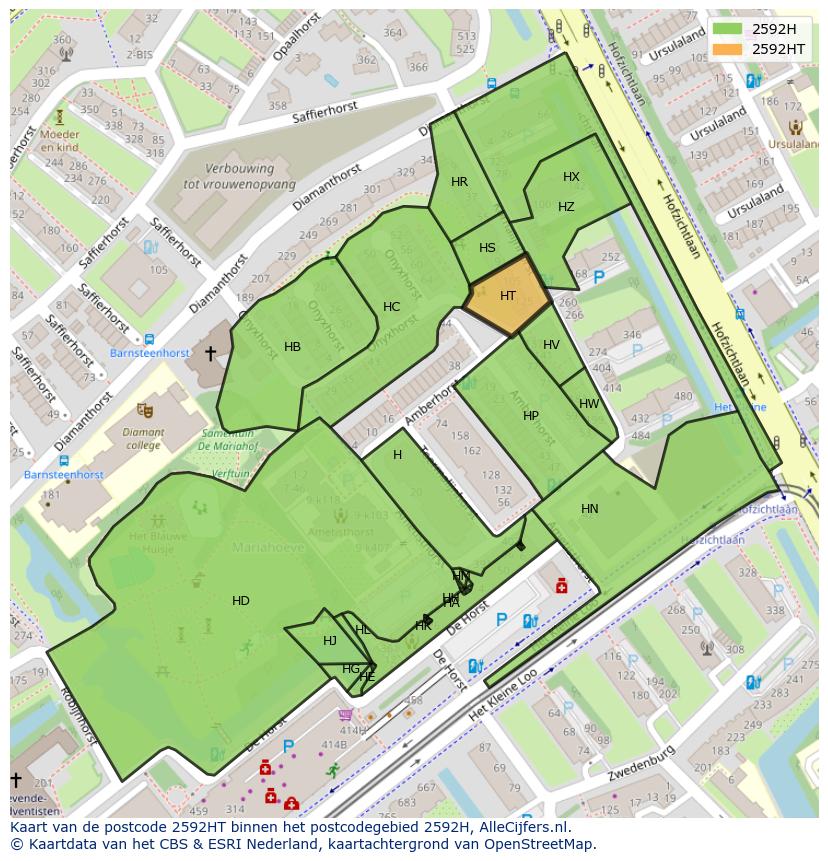 Afbeelding van het postcodegebied 2592 HT op de kaart.