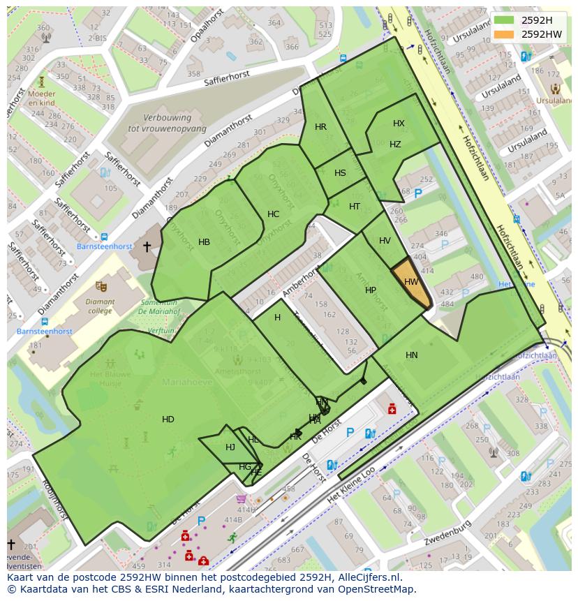Afbeelding van het postcodegebied 2592 HW op de kaart.