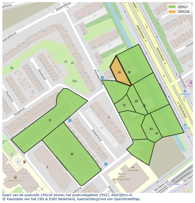 Afbeelding van het postcodegebied 2592 JA op de kaart.