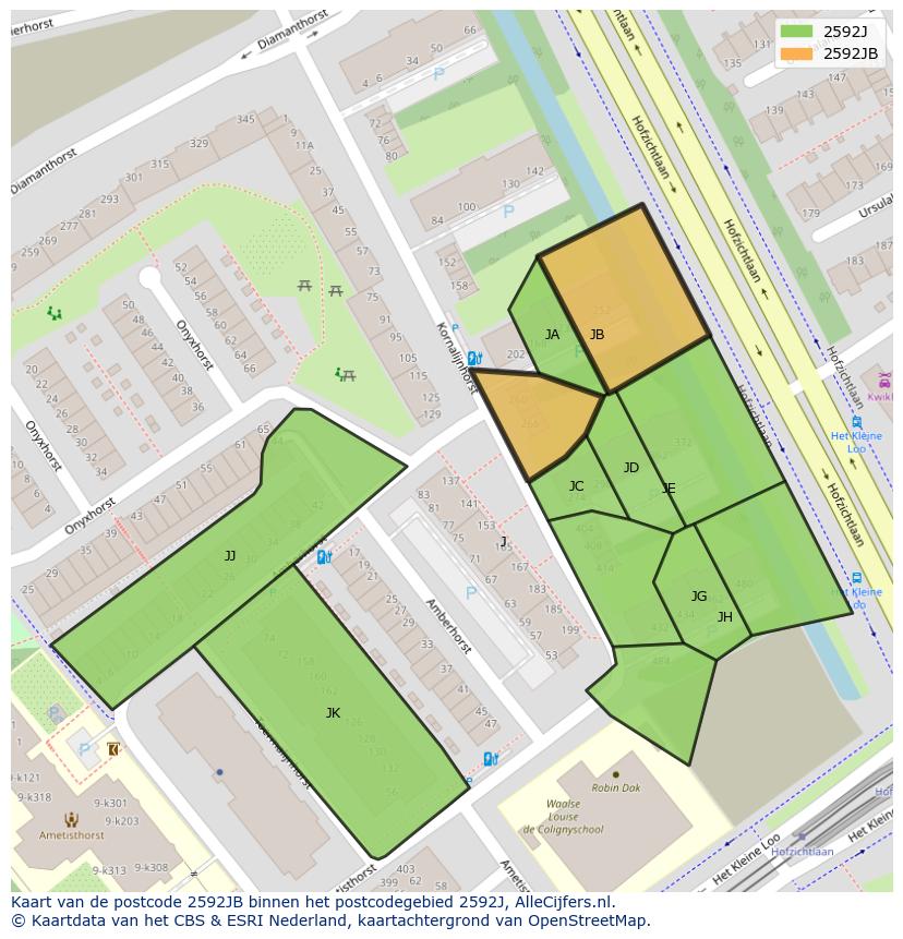 Afbeelding van het postcodegebied 2592 JB op de kaart.
