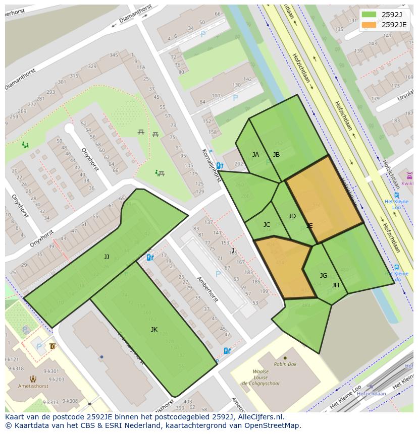 Afbeelding van het postcodegebied 2592 JE op de kaart.