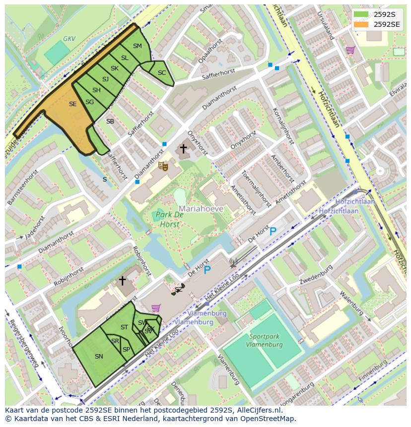 Afbeelding van het postcodegebied 2592 SE op de kaart.
