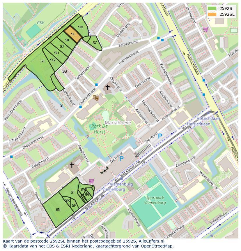Afbeelding van het postcodegebied 2592 SL op de kaart.