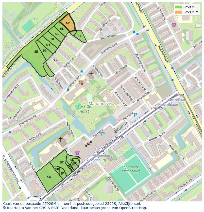 Afbeelding van het postcodegebied 2592 SM op de kaart.