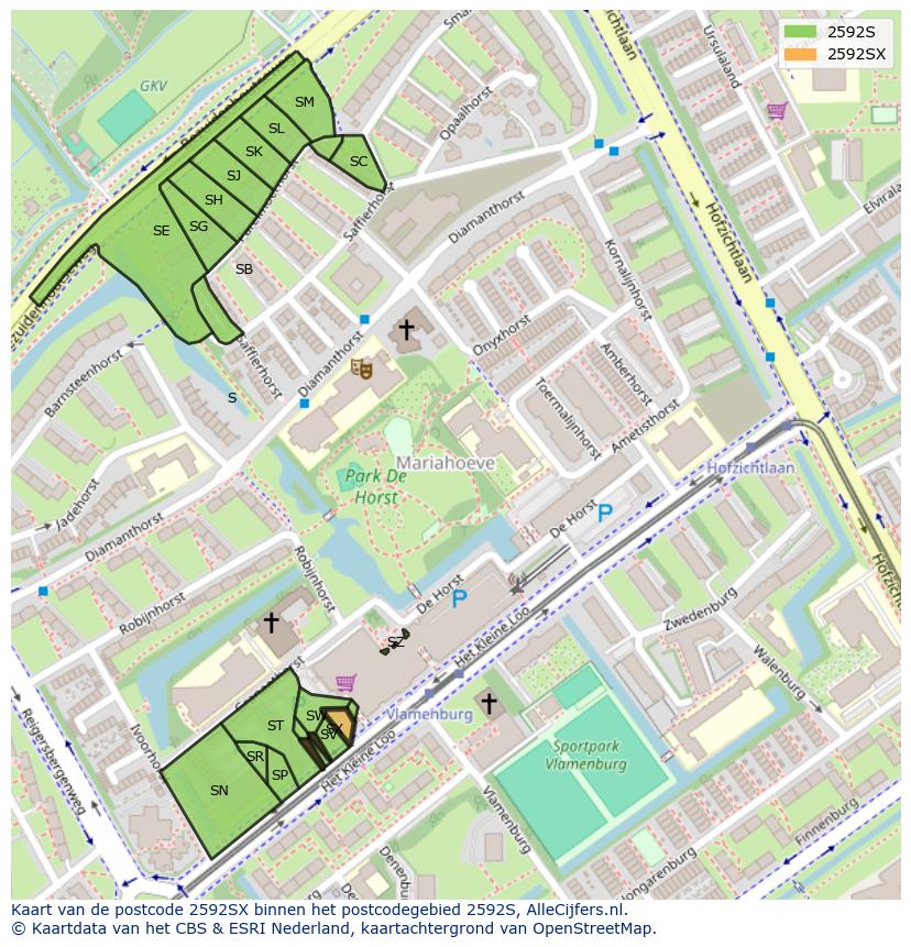 Afbeelding van het postcodegebied 2592 SX op de kaart.